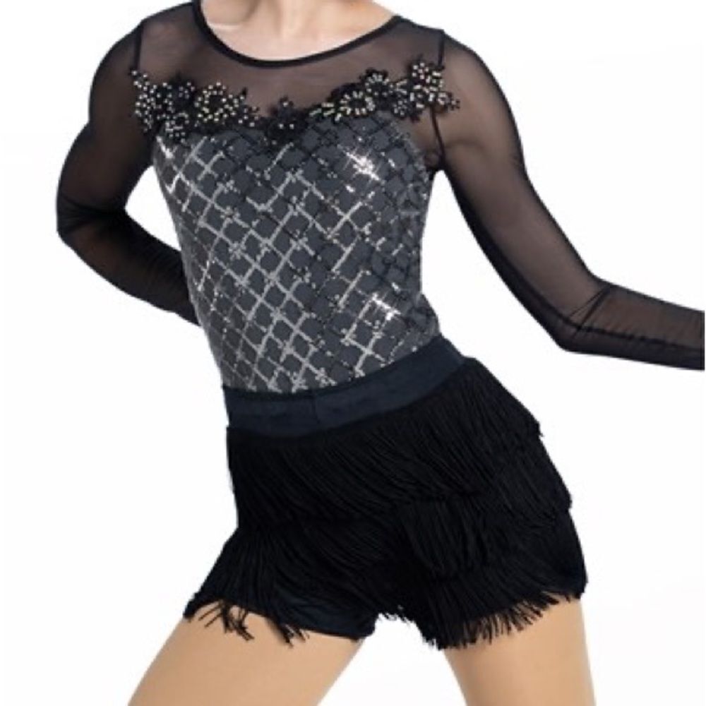 Weissman dance costume fringe 2 piece black Hermann's Boogie 13500 Child MC